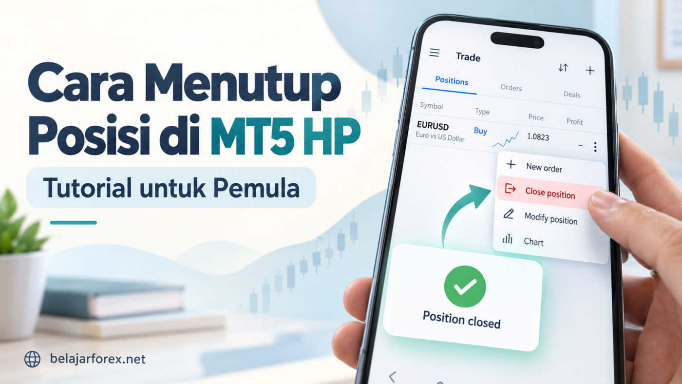 Ilustrasi cara menutup posisi Buy atau Sell di MT5 HP melalui menu Close position.