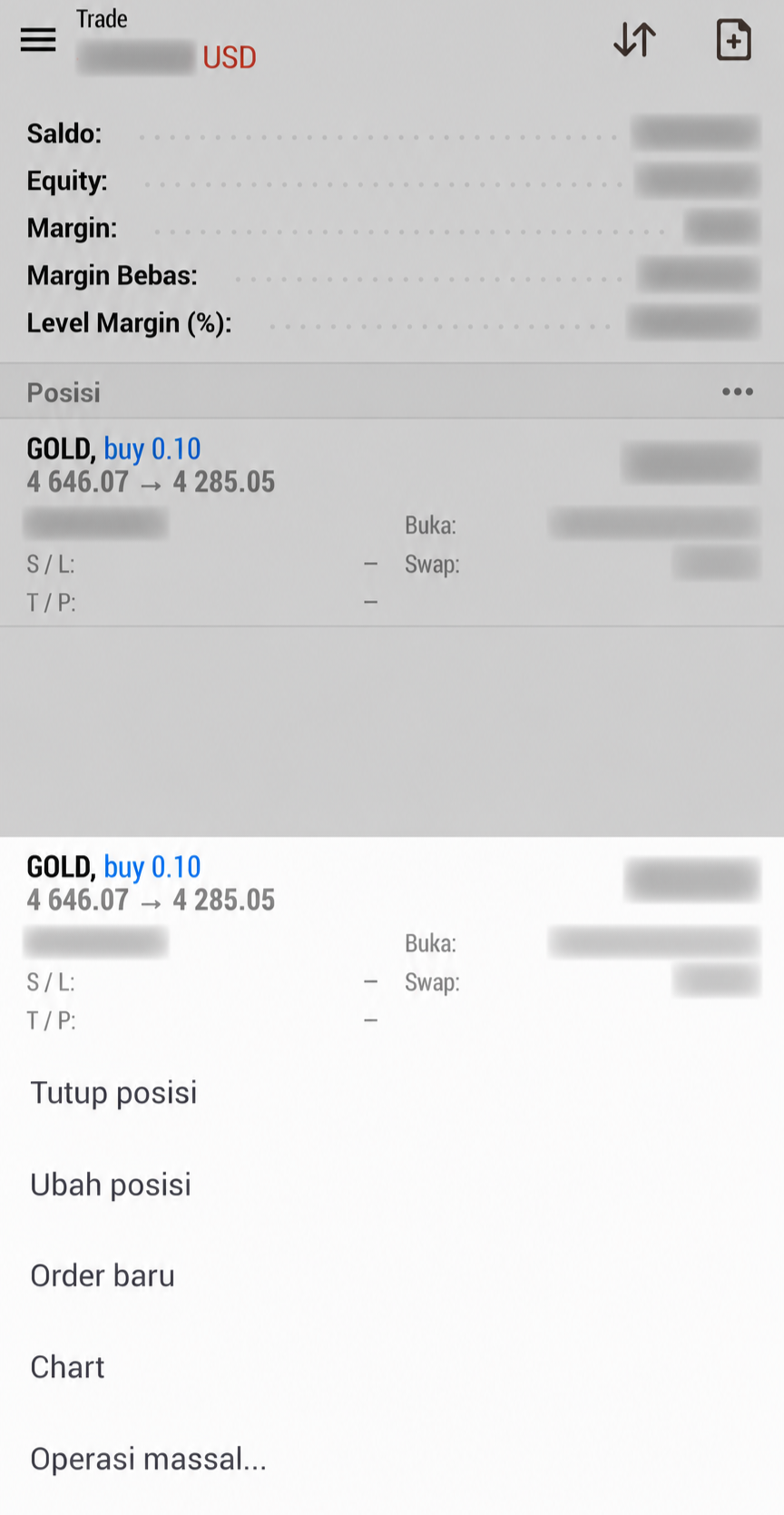 Tampilan menu posisi GOLD di MT5 Android dengan pilihan Tutup posisi.