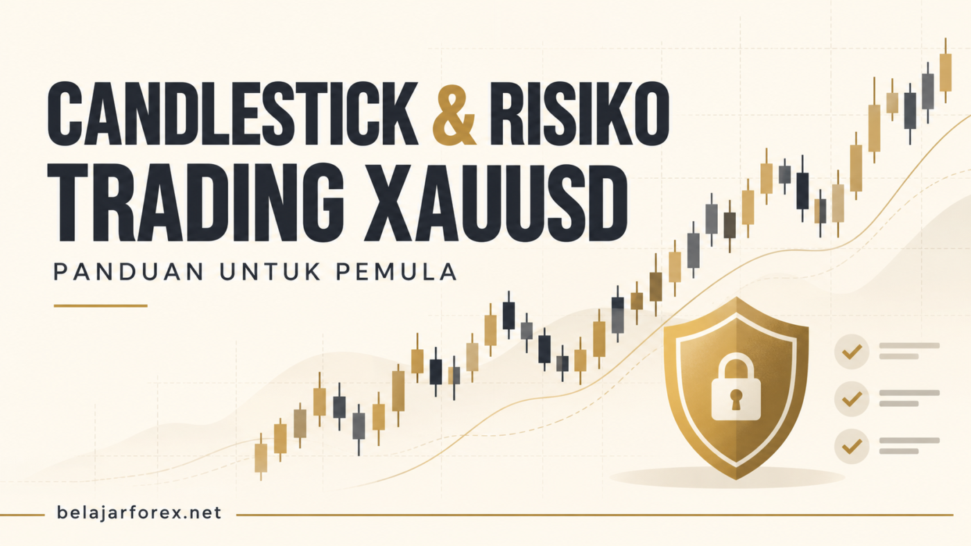 Ilustrasi candlestick XAUUSD dengan ikon perisai dan daftar pemeriksaan untuk pengelolaan risiko trading.
