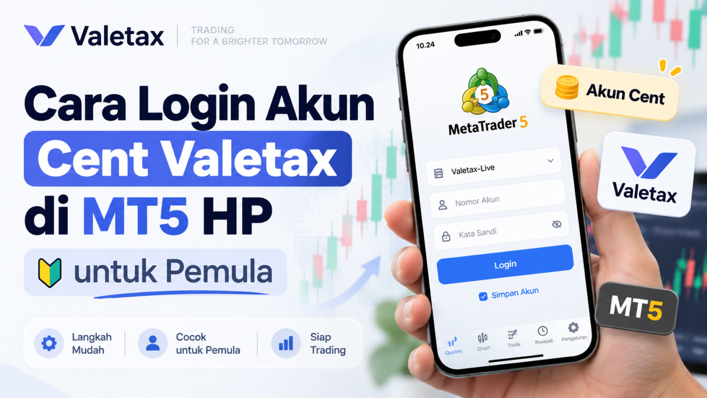 Thumbnail artikel cara login akun Cent Valetax di MT5 HP untuk pemula dengan tampilan aplikasi MetaTrader 5 di layar ponsel.
