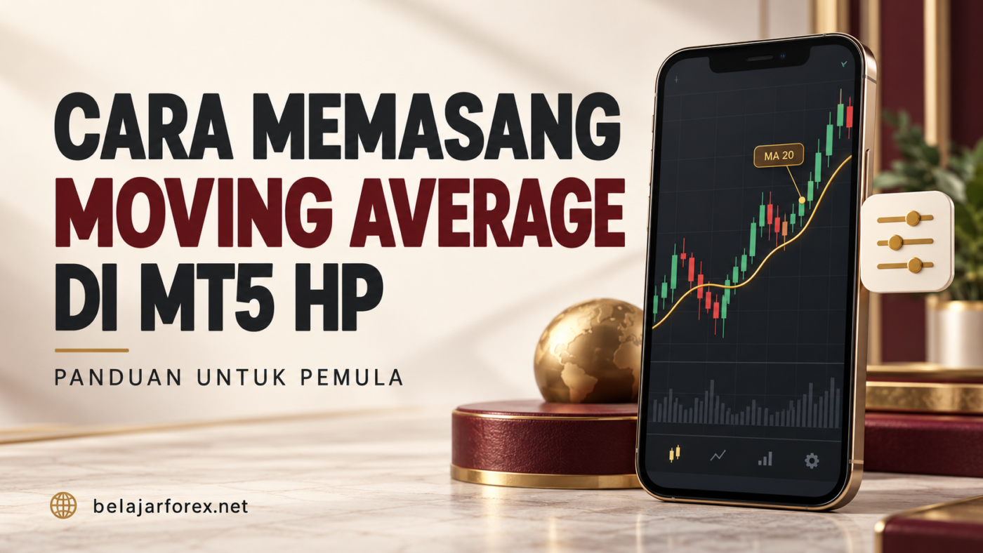 Ilustrasi ponsel dengan chart candlestick dan garis Moving Average periode 20 untuk tutorial MT5 HP.
