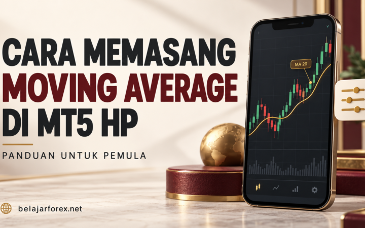 Ilustrasi ponsel dengan chart candlestick dan garis Moving Average periode 20 untuk tutorial MT5 HP.