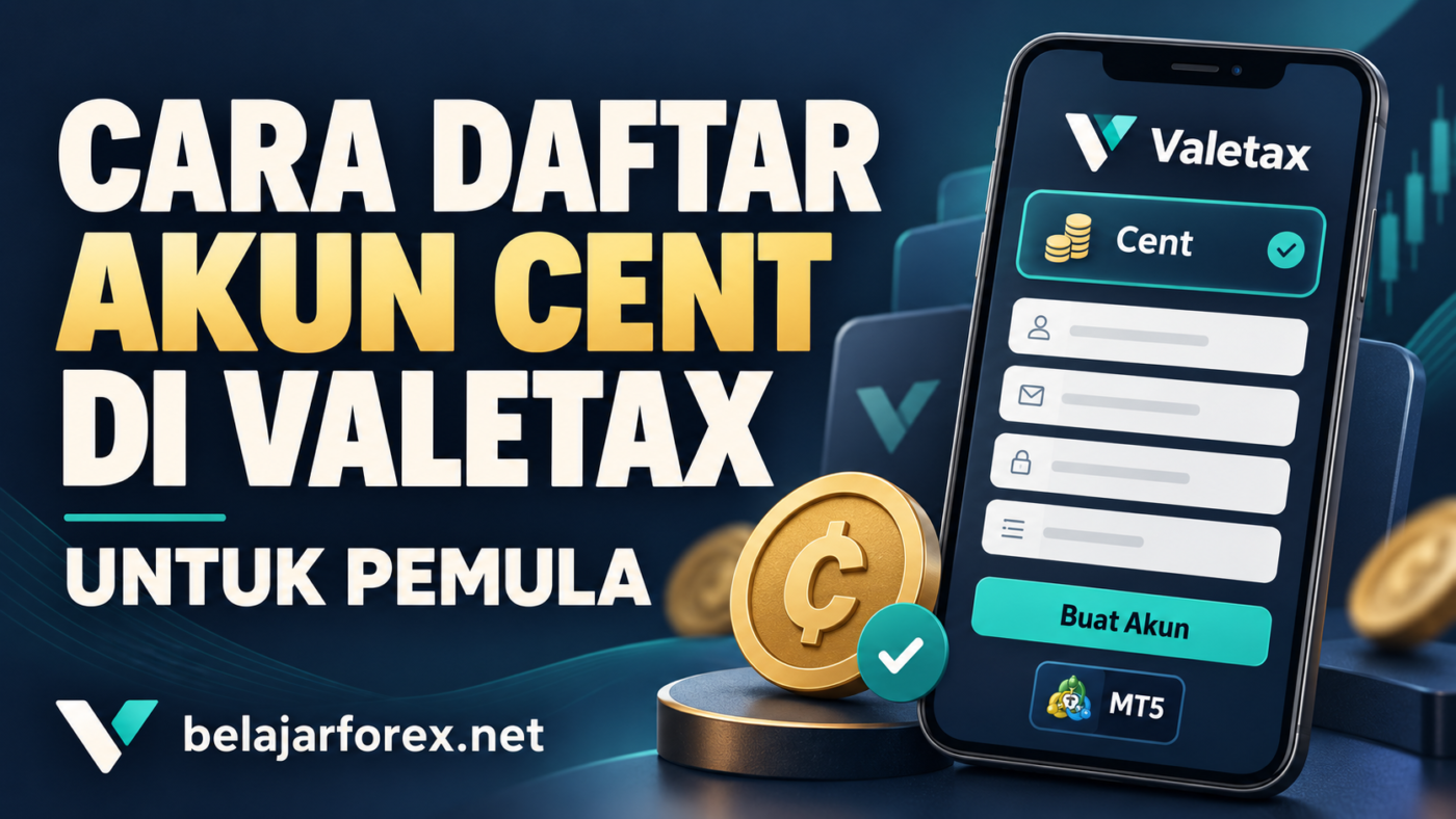 Ilustrasi cara daftar akun Cent di Valetax dengan formulir pendaftaran pada layar HP.