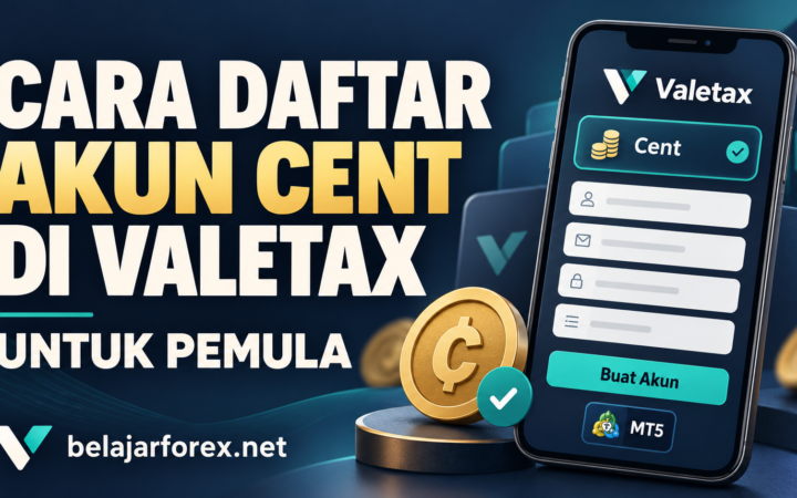 Ilustrasi cara daftar akun Cent di Valetax dengan formulir pendaftaran pada layar HP.