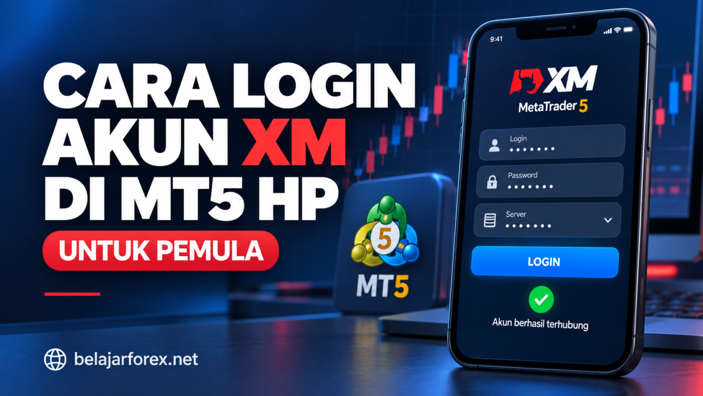 Ilustrasi cara login akun XM di MT5 HP dengan kolom nomor akun, kata sandi, dan server.