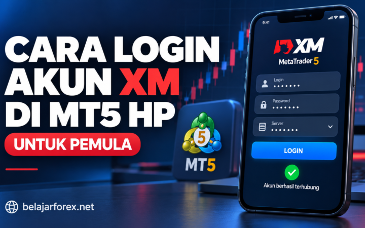 Ilustrasi cara login akun XM di MT5 HP dengan kolom nomor akun, kata sandi, dan server.