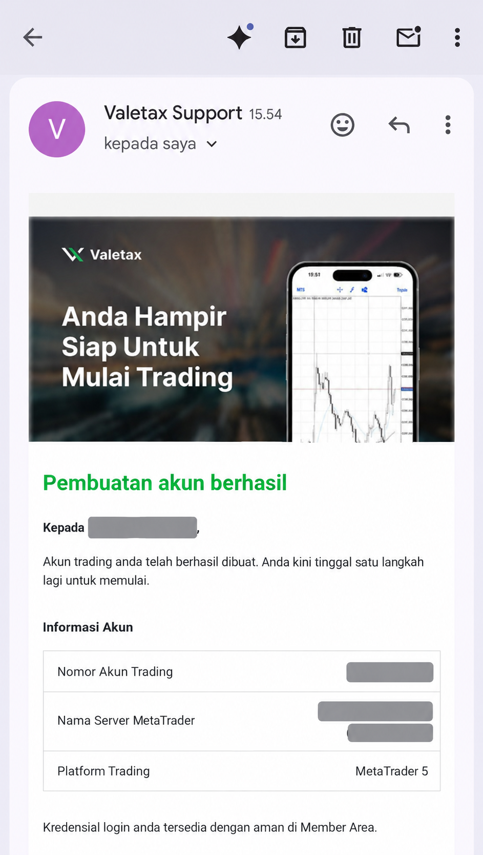 Email konfirmasi akun cent Valetax dengan informasi akun MetaTrader 5