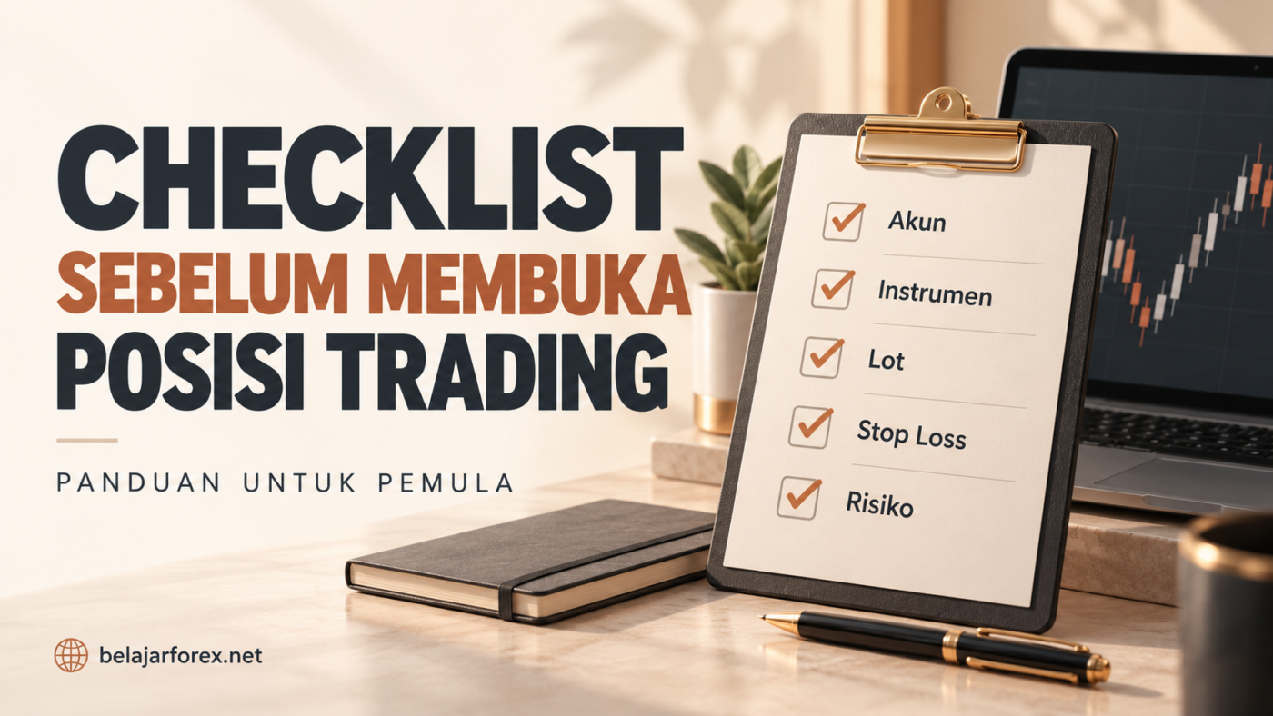 Ilustrasi checklist sebelum trading berisi pemeriksaan akun, instrumen, lot, Stop Loss, dan risiko, di samping laptop dengan chart.