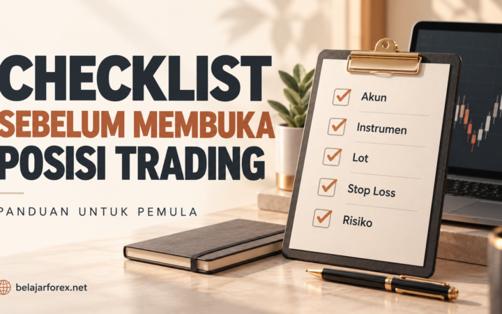 Ilustrasi checklist sebelum trading berisi pemeriksaan akun, instrumen, lot, Stop Loss, dan risiko, di samping laptop dengan chart.