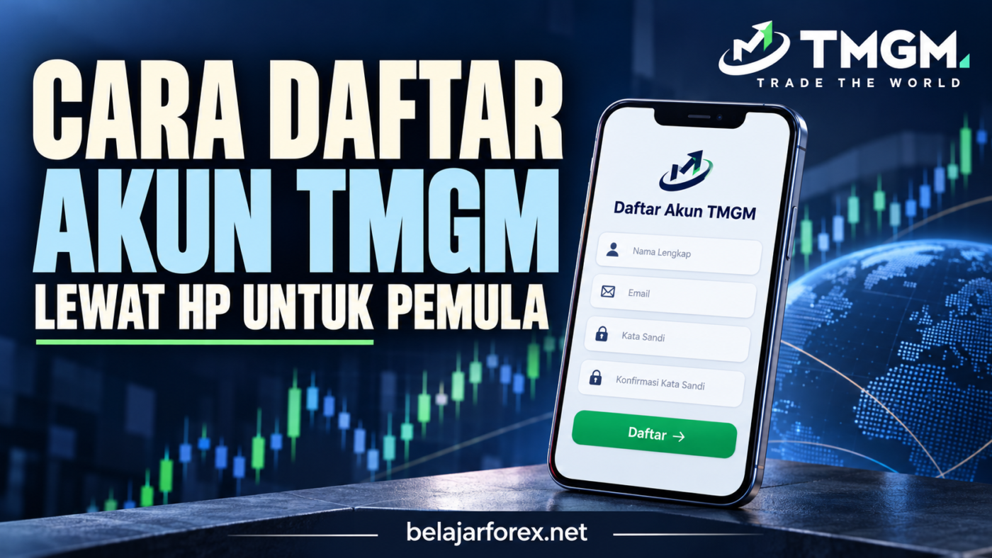 Ilustrasi cara daftar akun TMGM lewat HP dengan formulir pendaftaran pada layar ponsel.