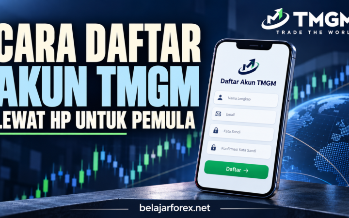Ilustrasi cara daftar akun TMGM lewat HP dengan formulir pendaftaran pada layar ponsel.