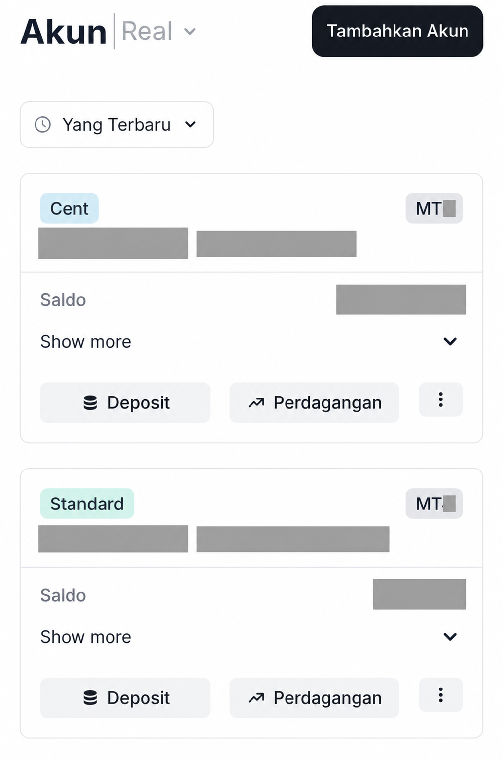 Daftar akun Valetax di HP untuk memilih akun yang ingin diubah leverage-nya, dengan informasi akun tersensor.