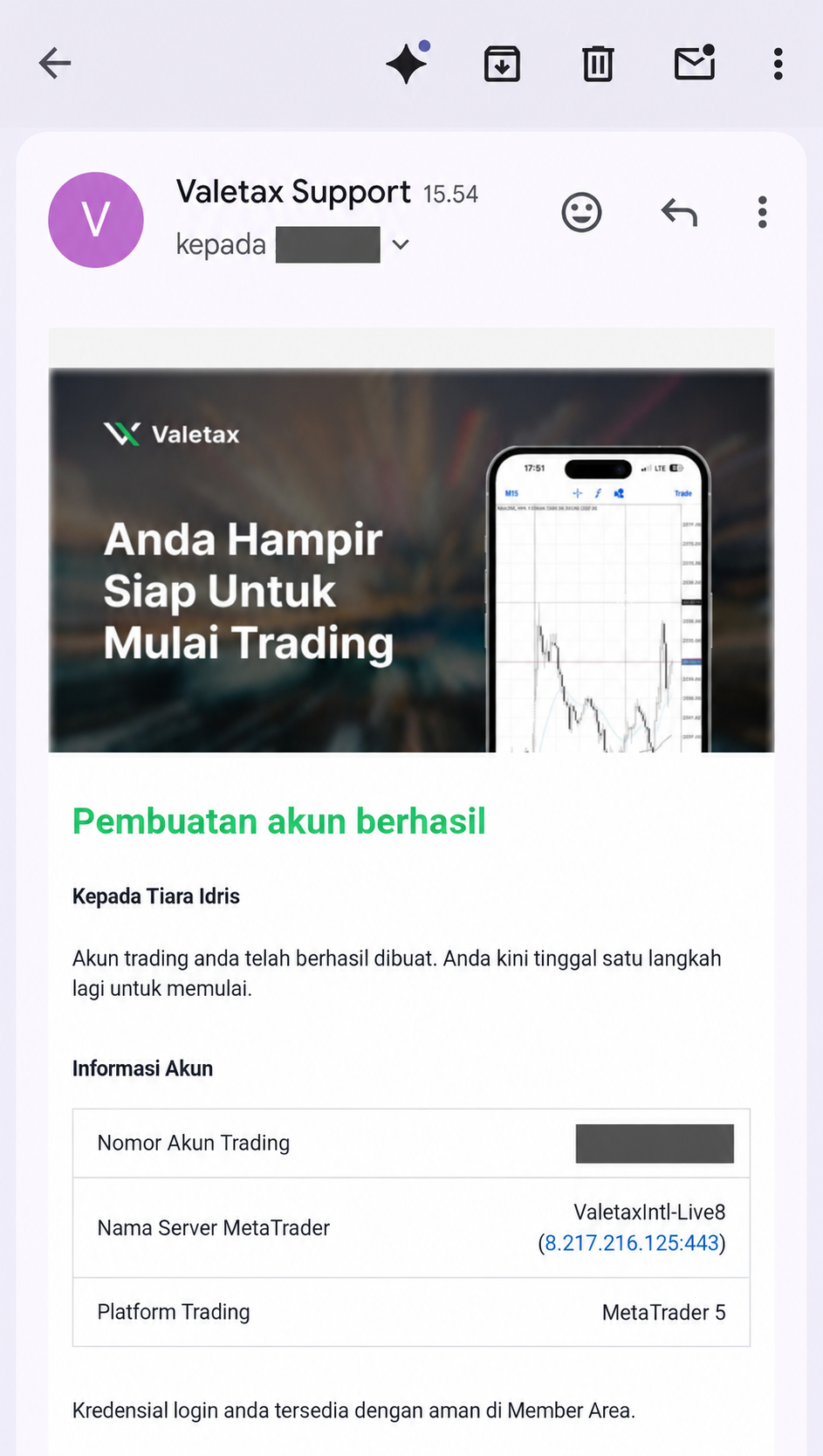 Email konfirmasi pembuatan akun Valetax yang menampilkan informasi server dan platform MetaTrader 5, dengan nama serta nomor akun tersensor.