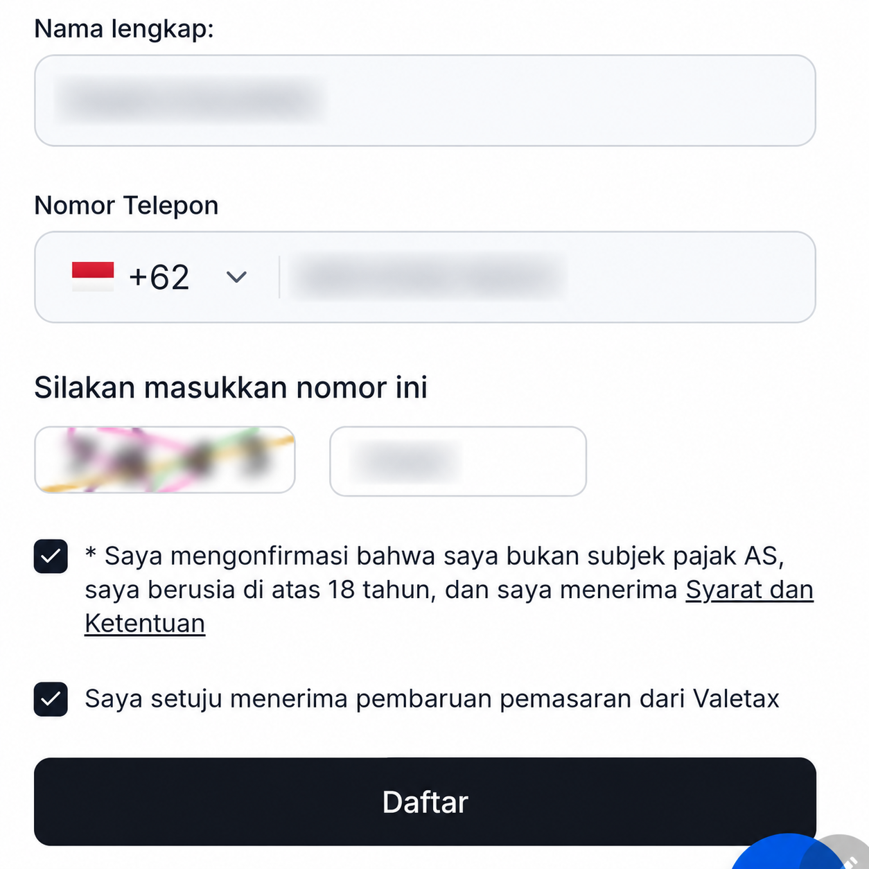 CAPTCHA dan tombol Daftar pada formulir pendaftaran Valetax