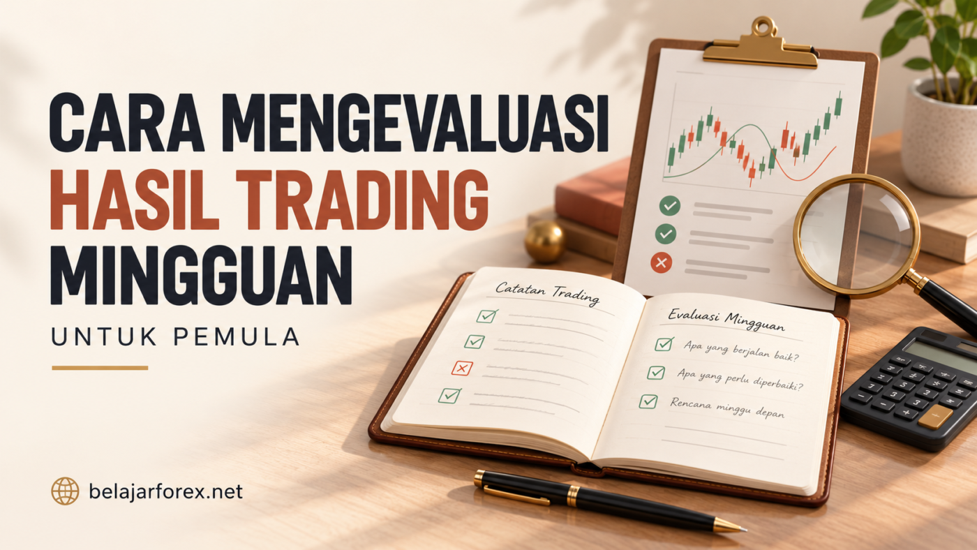 Ilustrasi evaluasi hasil trading mingguan dengan jurnal, laporan transaksi, kaca pembesar, dan kalkulator.