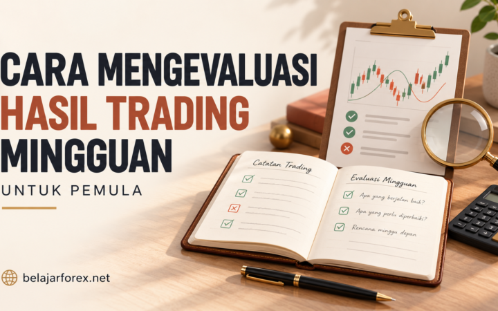 Ilustrasi evaluasi hasil trading mingguan dengan jurnal, laporan transaksi, kaca pembesar, dan kalkulator.