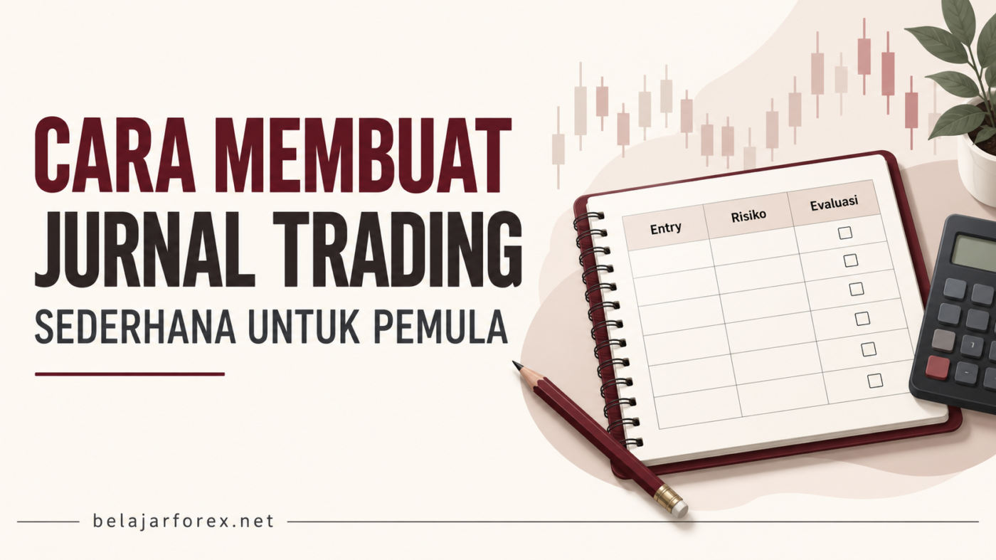 Ilustrasi jurnal trading dengan kolom entry, risiko, dan evaluasi, dilengkapi pensil serta kalkulator.