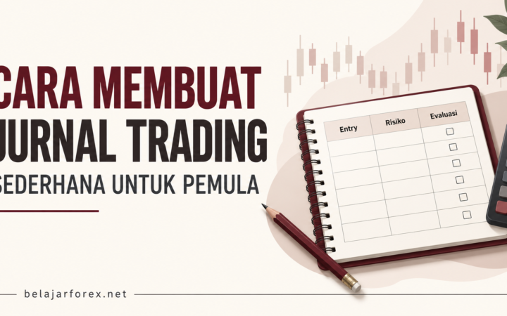 Ilustrasi jurnal trading dengan kolom entry, risiko, dan evaluasi, dilengkapi pensil serta kalkulator.
