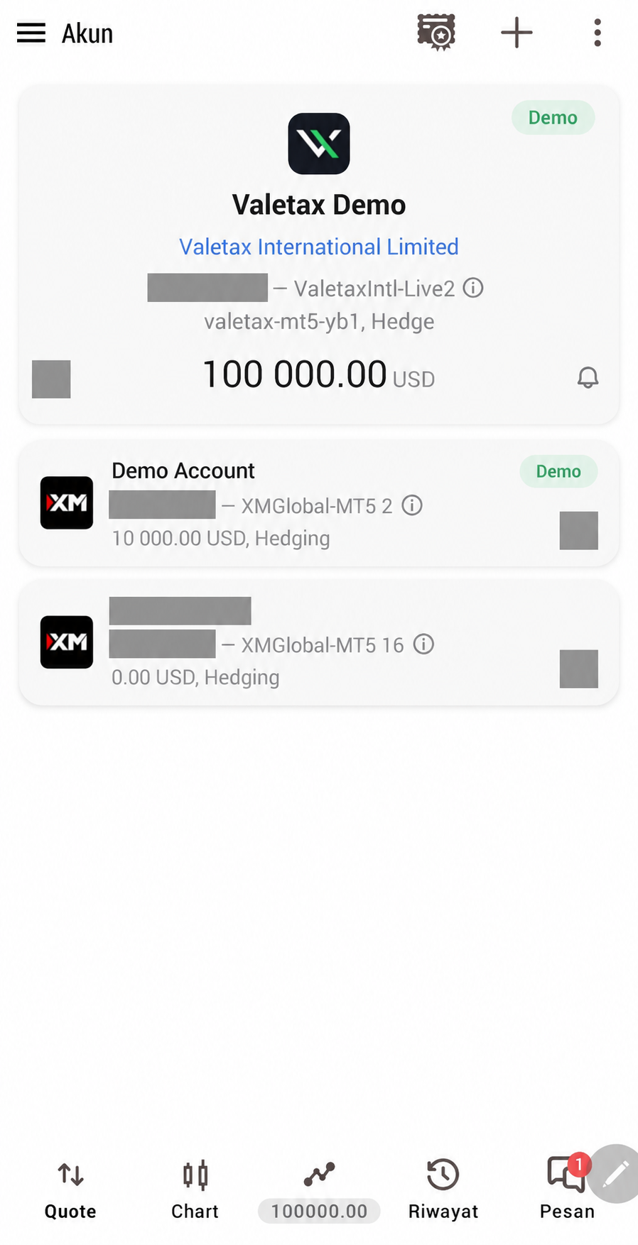 Akun demo Valetax berhasil terhubung di MT5 HP dengan saldo virtual 100.000 USD.