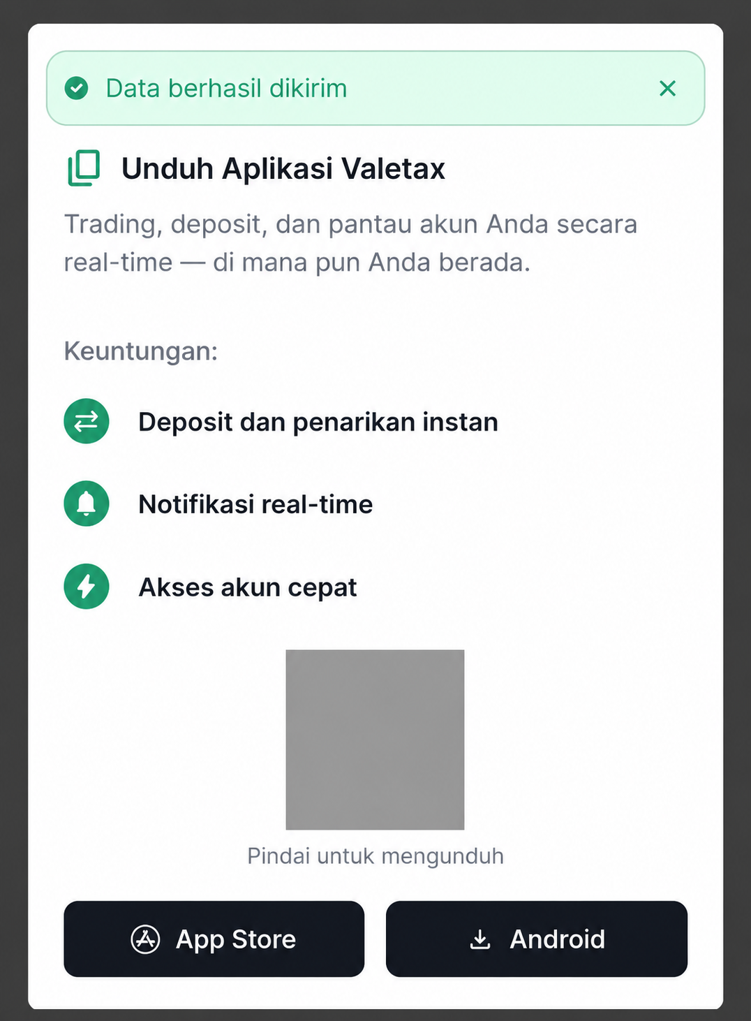 Notifikasi Data berhasil dikirim pada Area Anggota Valetax.