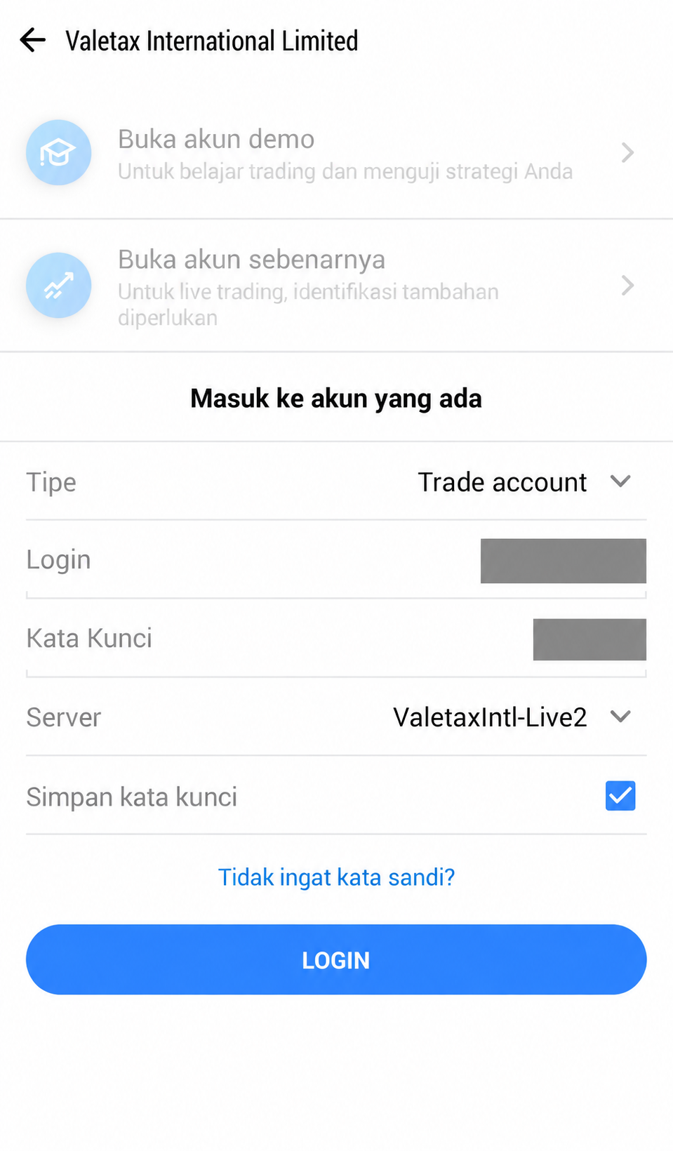 Formulir login akun demo Valetax di MT5 HP dengan server ValetaxIntl-Live2.