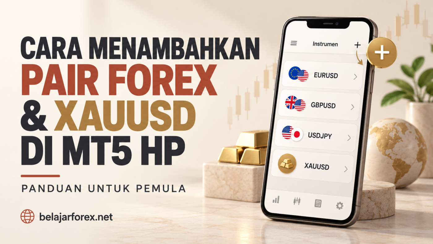 Ilustrasi ponsel dengan daftar pair forex, XAUUSD, dan tombol tambah untuk tutorial MT5 HP.
