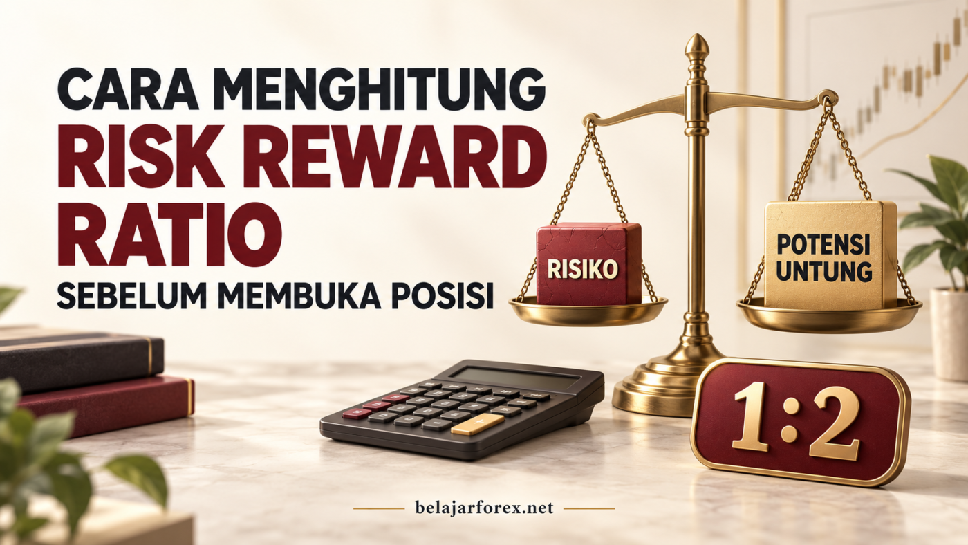 Ilustrasi timbangan risiko dan potensi keuntungan dengan contoh risk reward ratio 1:2 serta kalkulator.