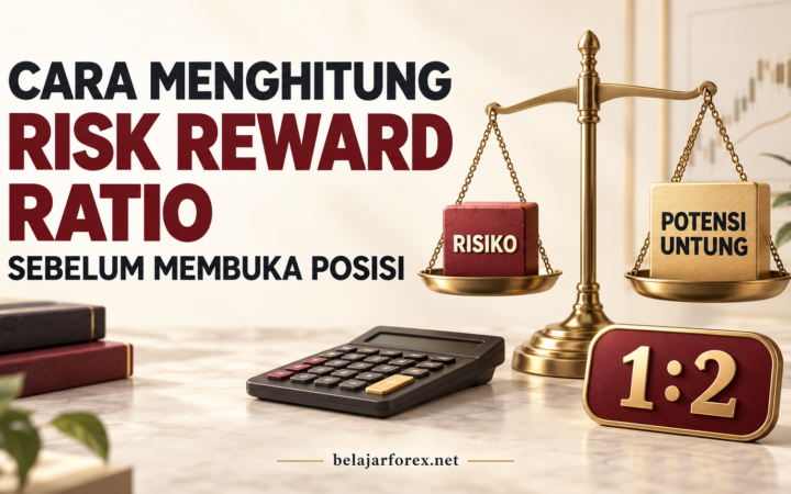 Ilustrasi timbangan risiko dan potensi keuntungan dengan contoh risk reward ratio 1:2 serta kalkulator.