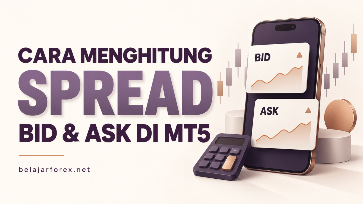 Ilustrasi cara menghitung spread dari harga Bid dan Ask di MT5, dengan ponsel dan kalkulator.