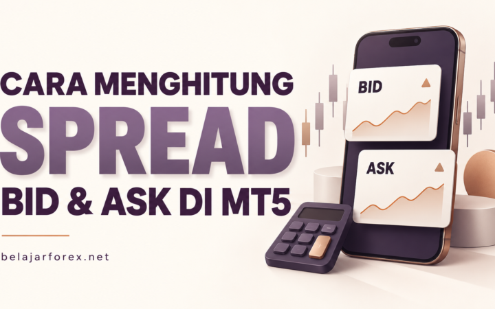 Ilustrasi cara menghitung spread dari harga Bid dan Ask di MT5, dengan ponsel dan kalkulator.