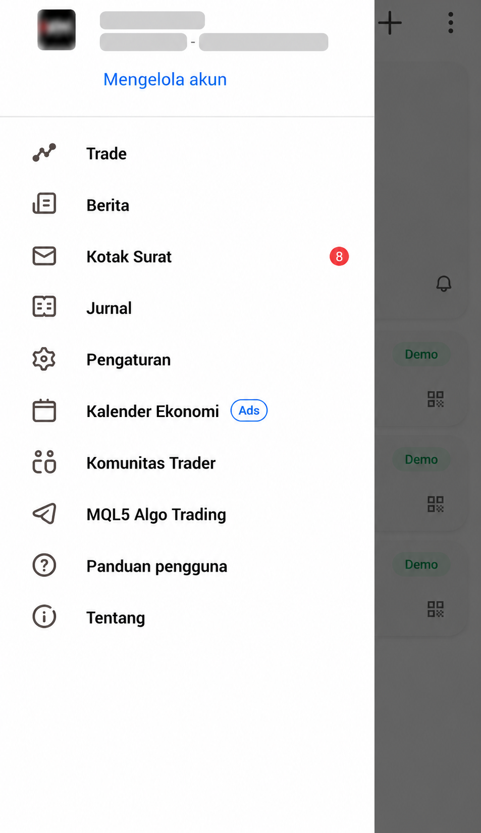 Tampilan menu akun XM di MT5 HP dengan informasi pribadi yang telah disensor.