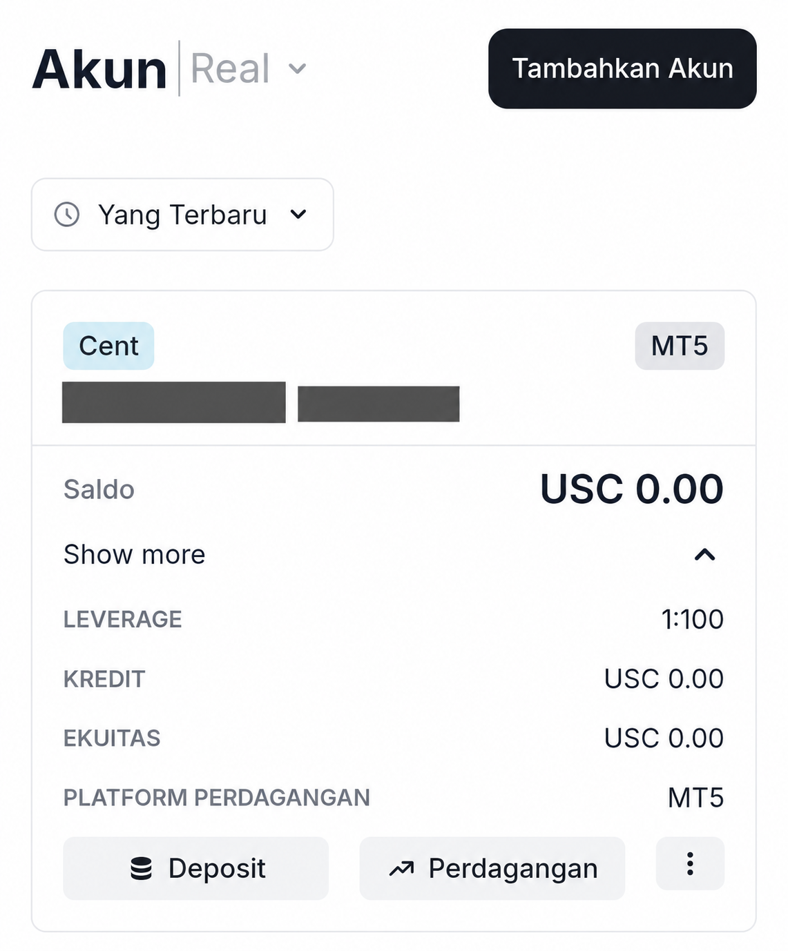Akun Cent Valetax yang berhasil dibuat dengan platform MT5 dan saldo awal USC 0.00.