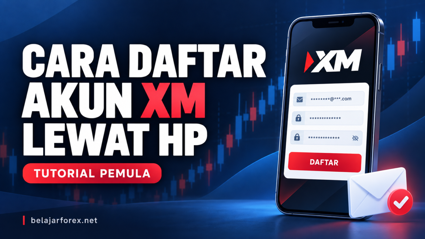 Ilustrasi cara daftar akun XM lewat HP dengan formulir pendaftaran dan ikon konfirmasi email.