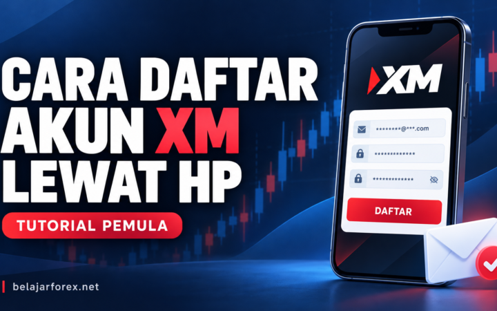 Ilustrasi cara daftar akun XM lewat HP dengan formulir pendaftaran dan ikon konfirmasi email.