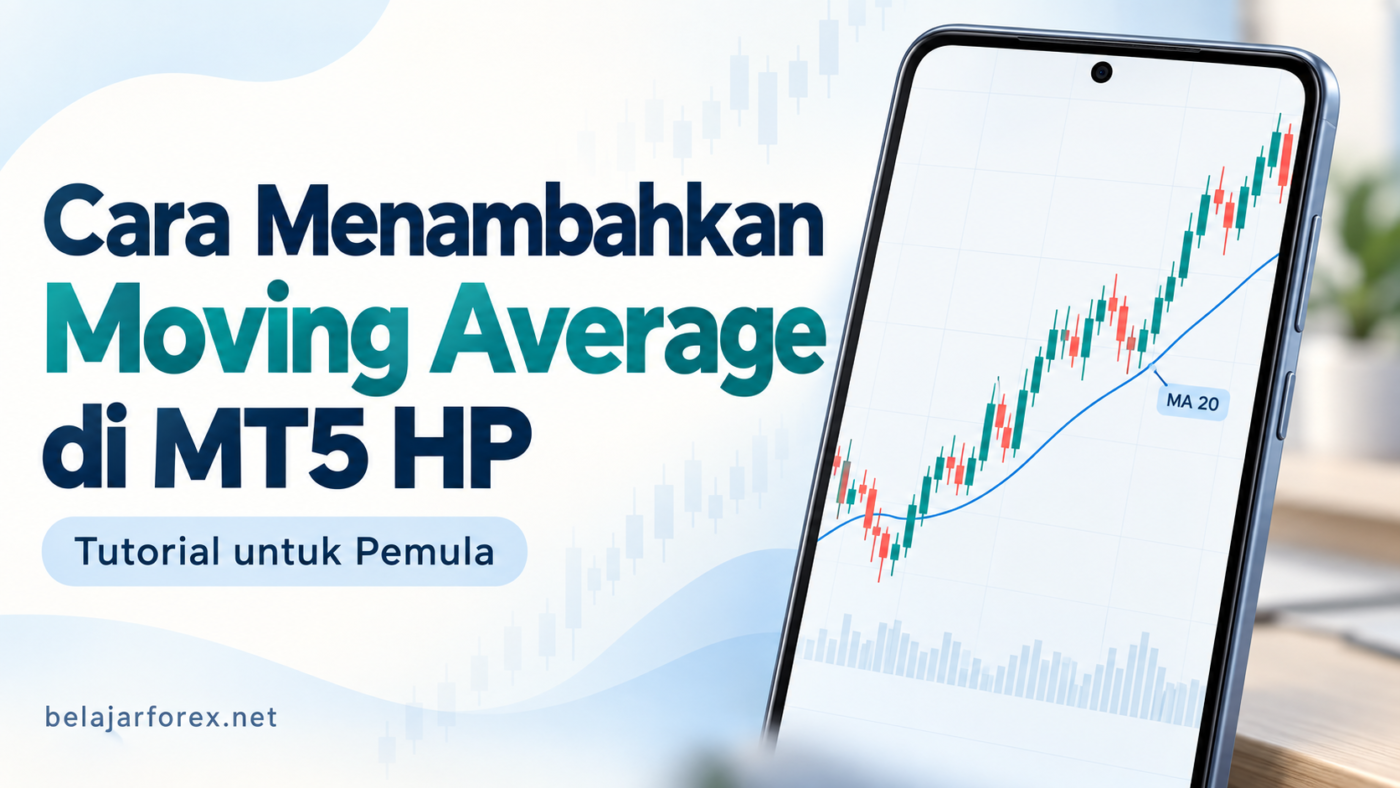 Ilustrasi Moving Average di MT5 HP dengan garis MA 20 pada chart candlestick.