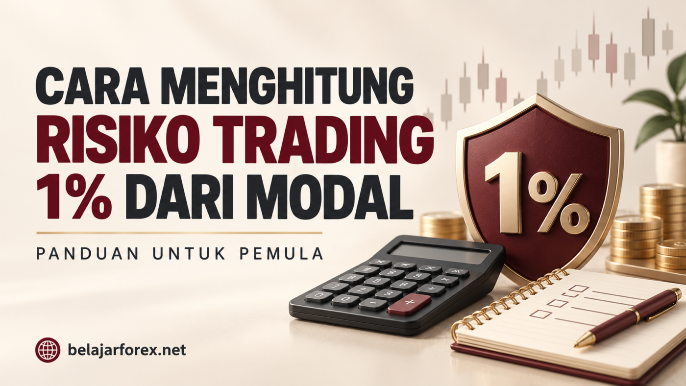 Ilustrasi menghitung risiko trading 1% dari modal dengan kalkulator, perisai, dan buku catatan.
