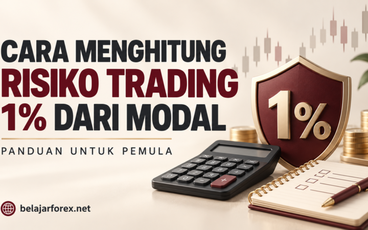 Ilustrasi menghitung risiko trading 1% dari modal dengan kalkulator, perisai, dan buku catatan.