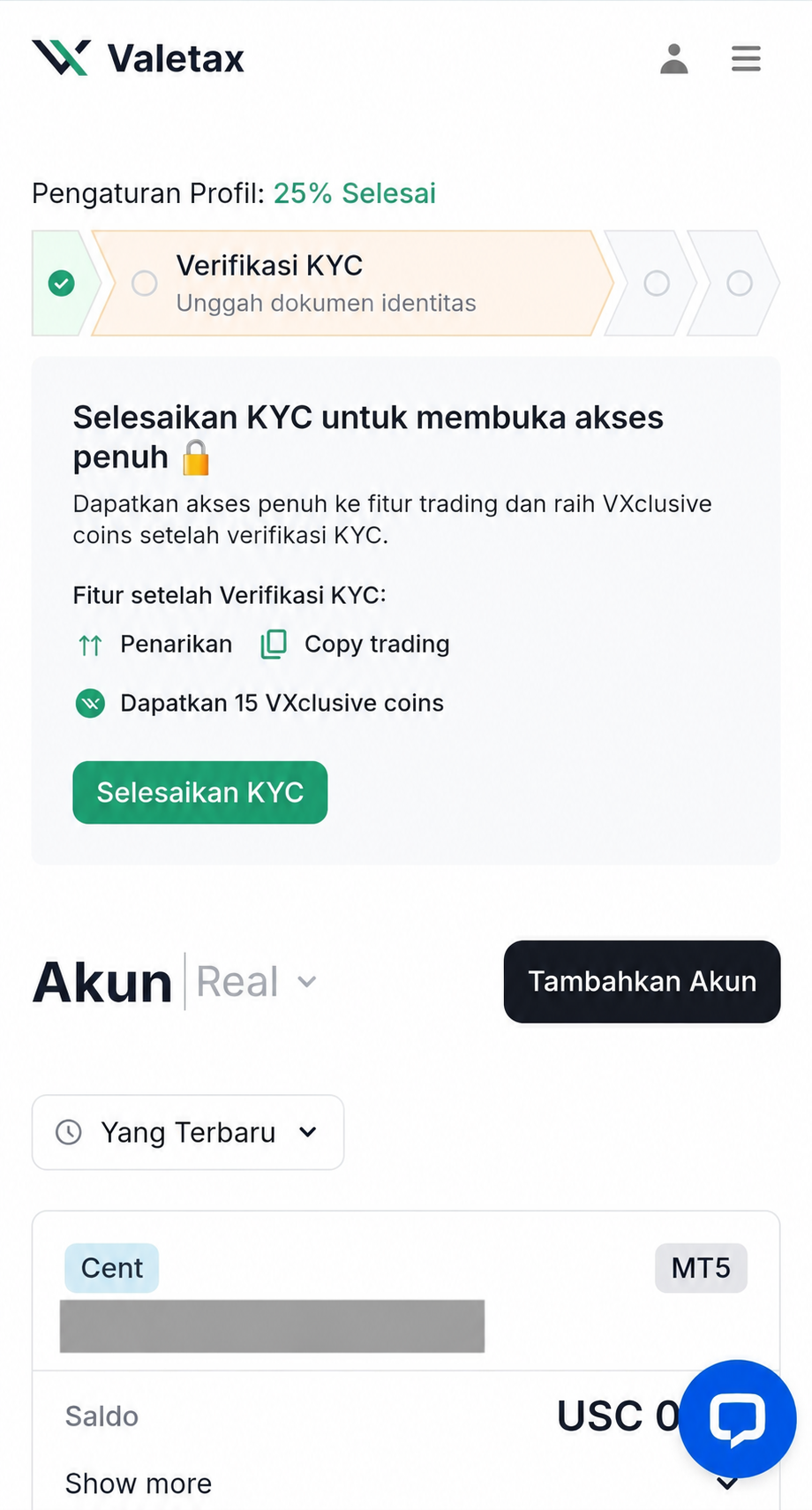 Dashboard Valetax dengan tombol Selesaikan KYC untuk memulai verifikasi akun lewat HP.