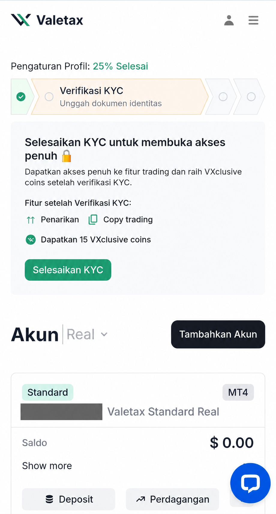 Halaman akun real Valetax di HP dengan tombol Tambahkan Akun untuk memulai pembuatan akun Cent.