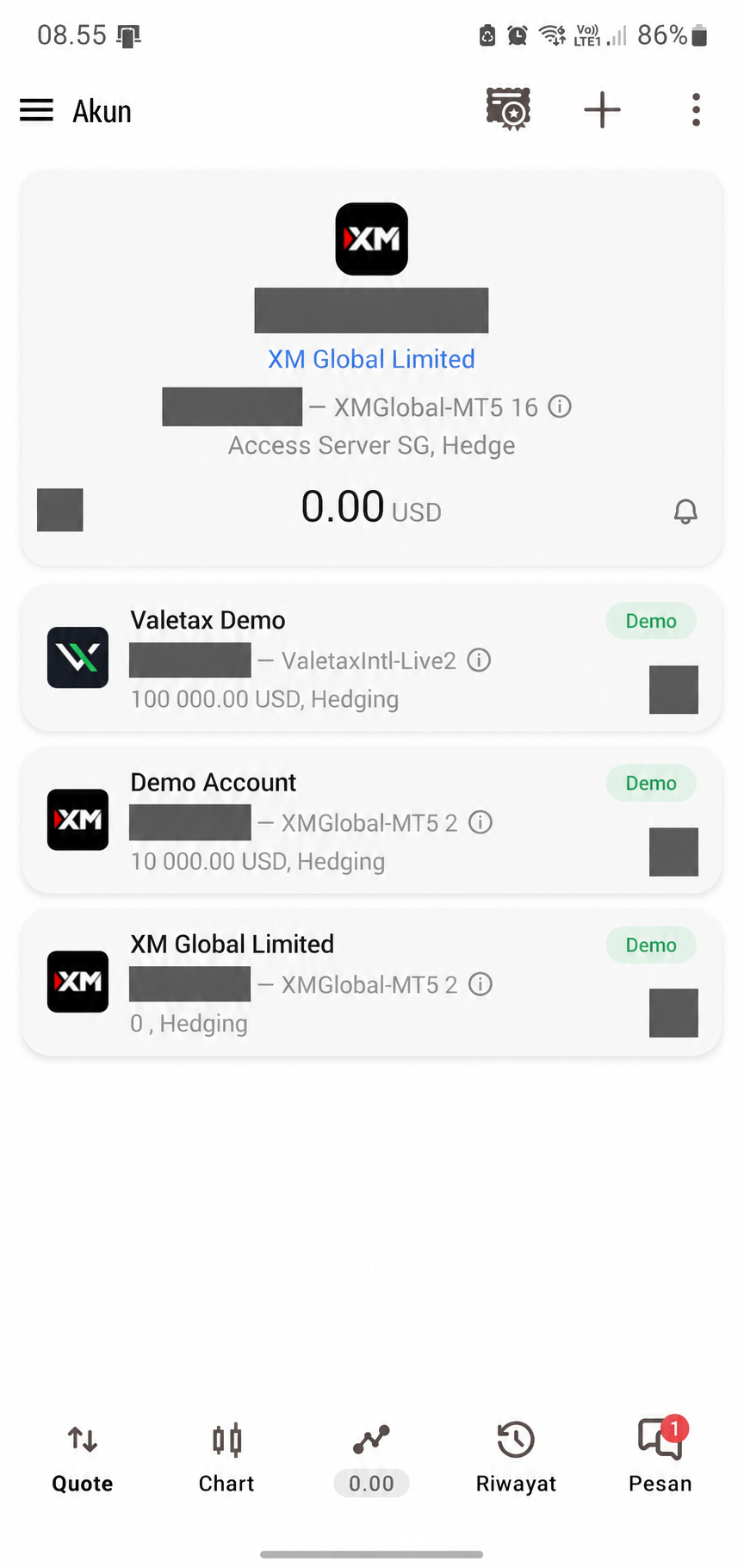 Halaman Kelola Akun MT5 HP yang menampilkan akun XM aktif dengan saldo nol.