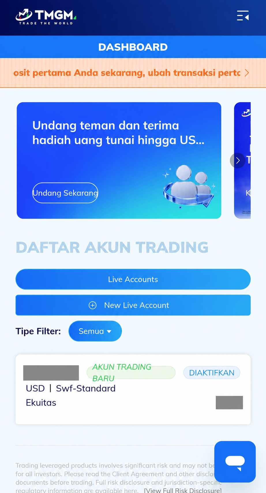Dashboard TMGM yang menampilkan daftar akun trading real dengan status Diaktifkan.