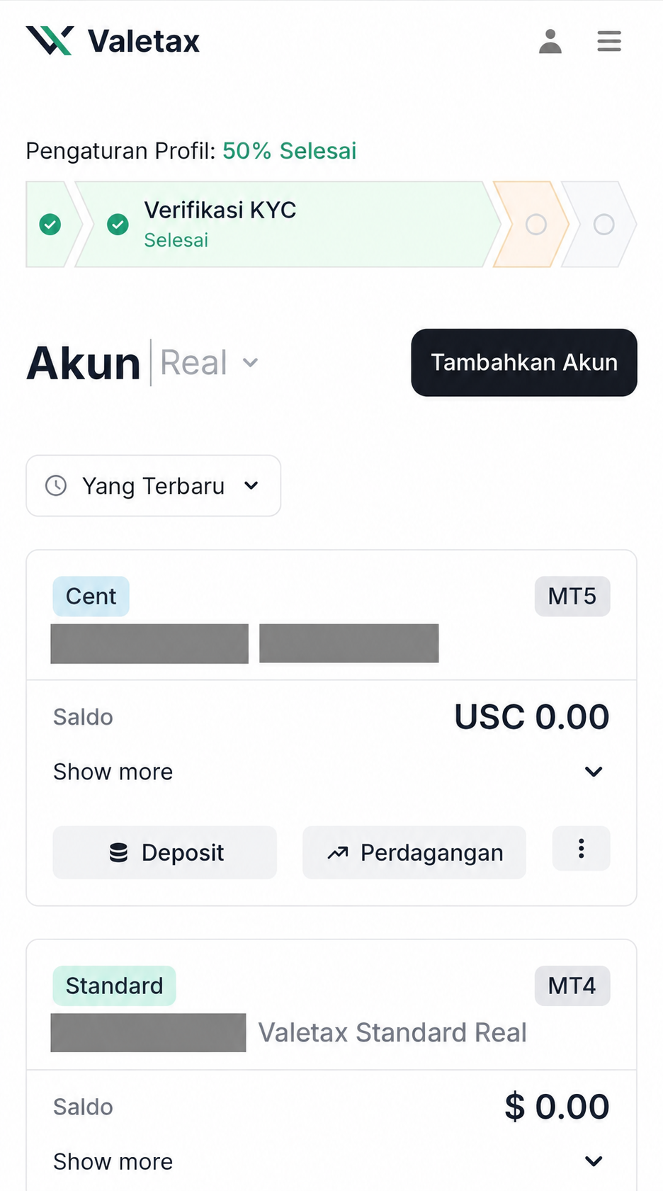 Dashboard Valetax menampilkan status Verifikasi KYC Selesai dengan nama dan nomor akun tersensor.