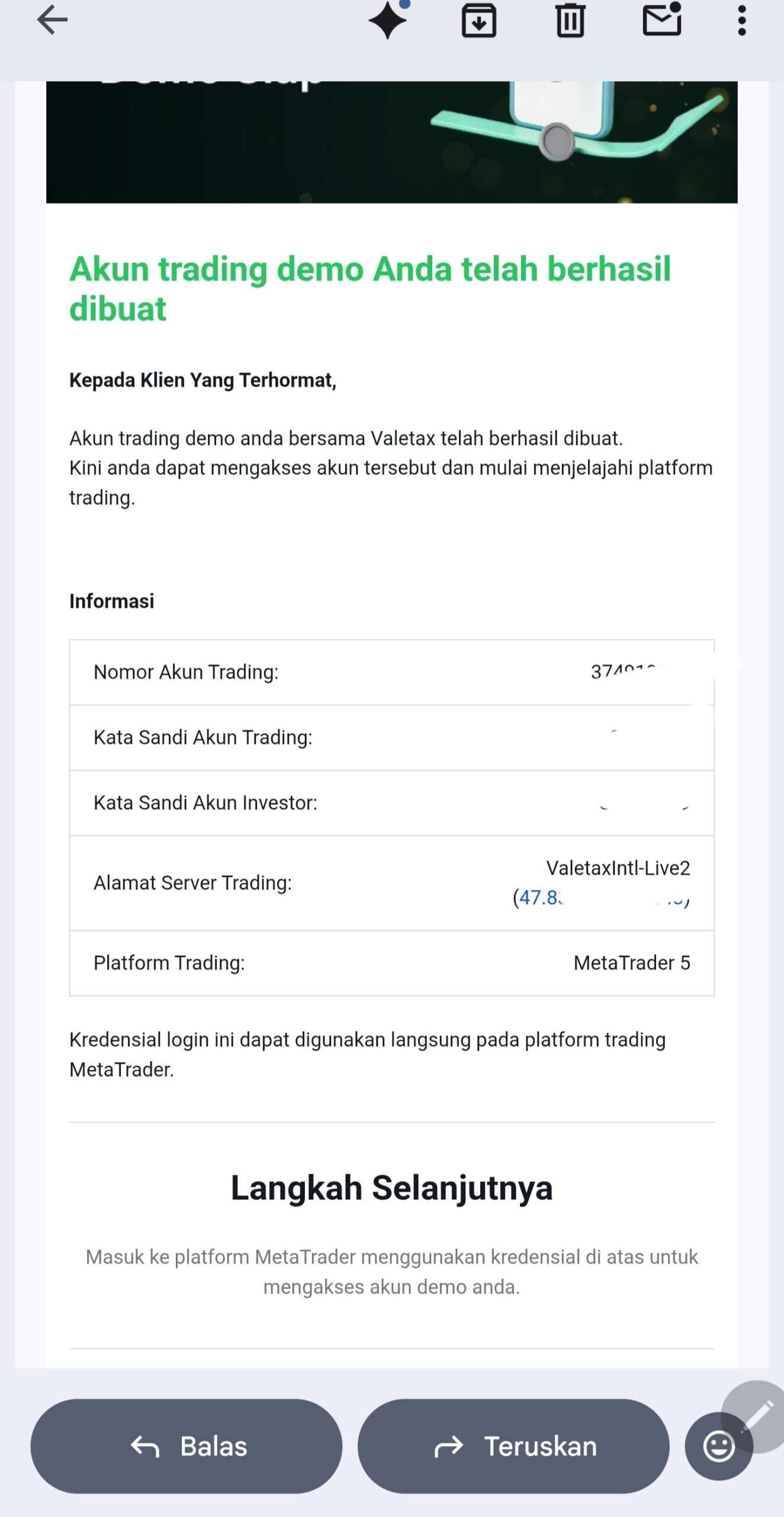 Email pemberitahuan akun demo Valetax yang berhasil dibuat