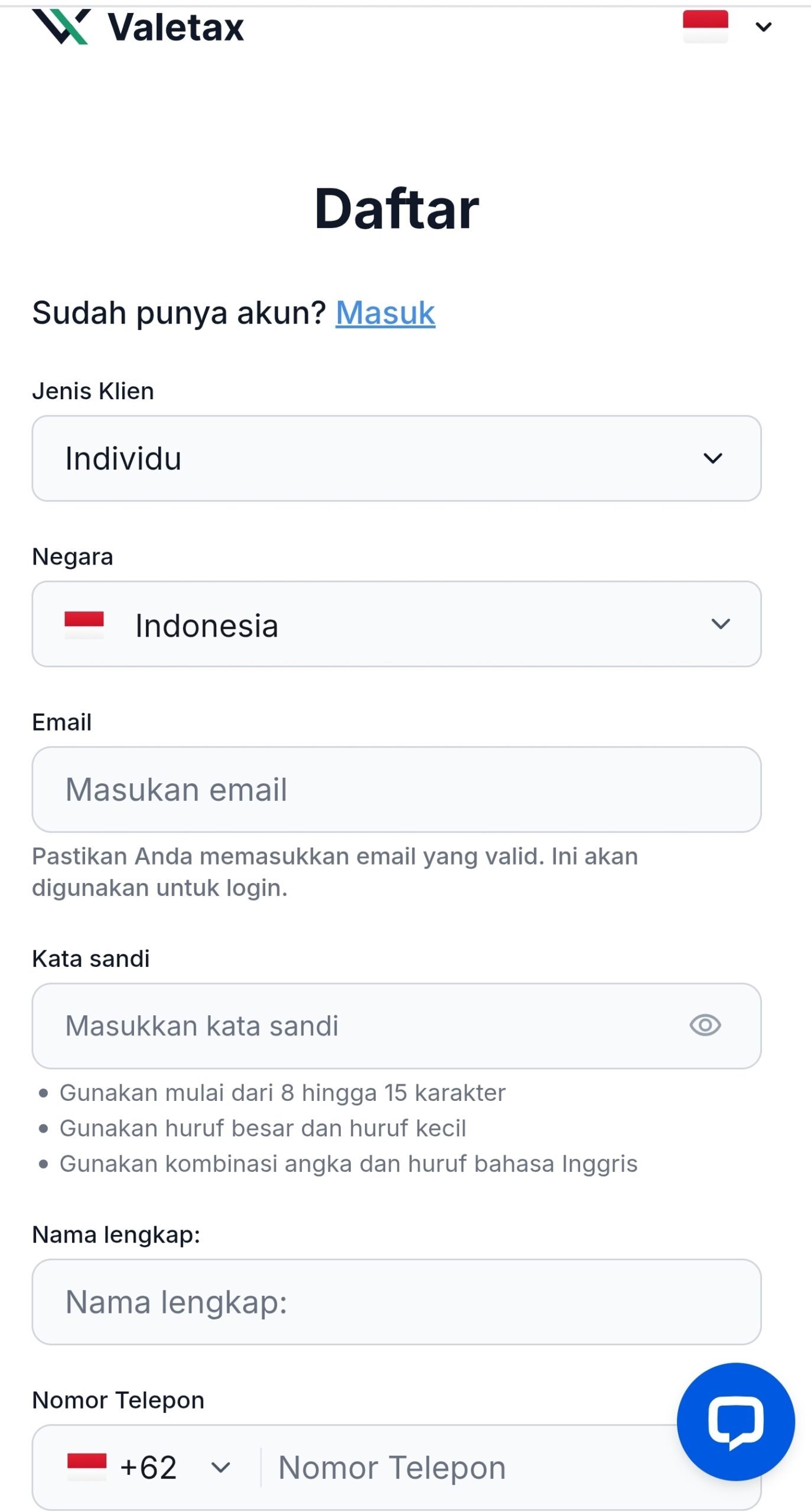 Formulir pendaftaran akun Valetax melalui HP untuk pengguna baru