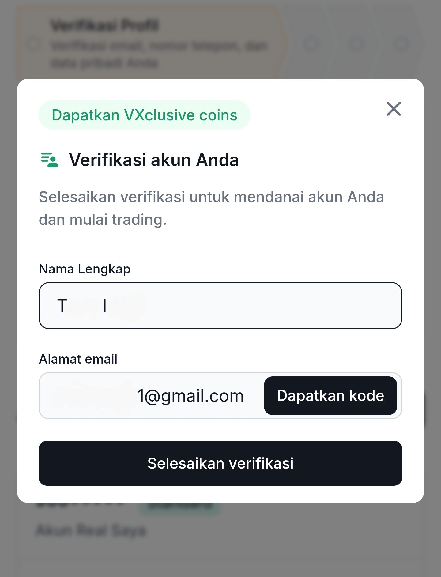 Tombol Dapatkan kode untuk verifikasi email akun Valetax