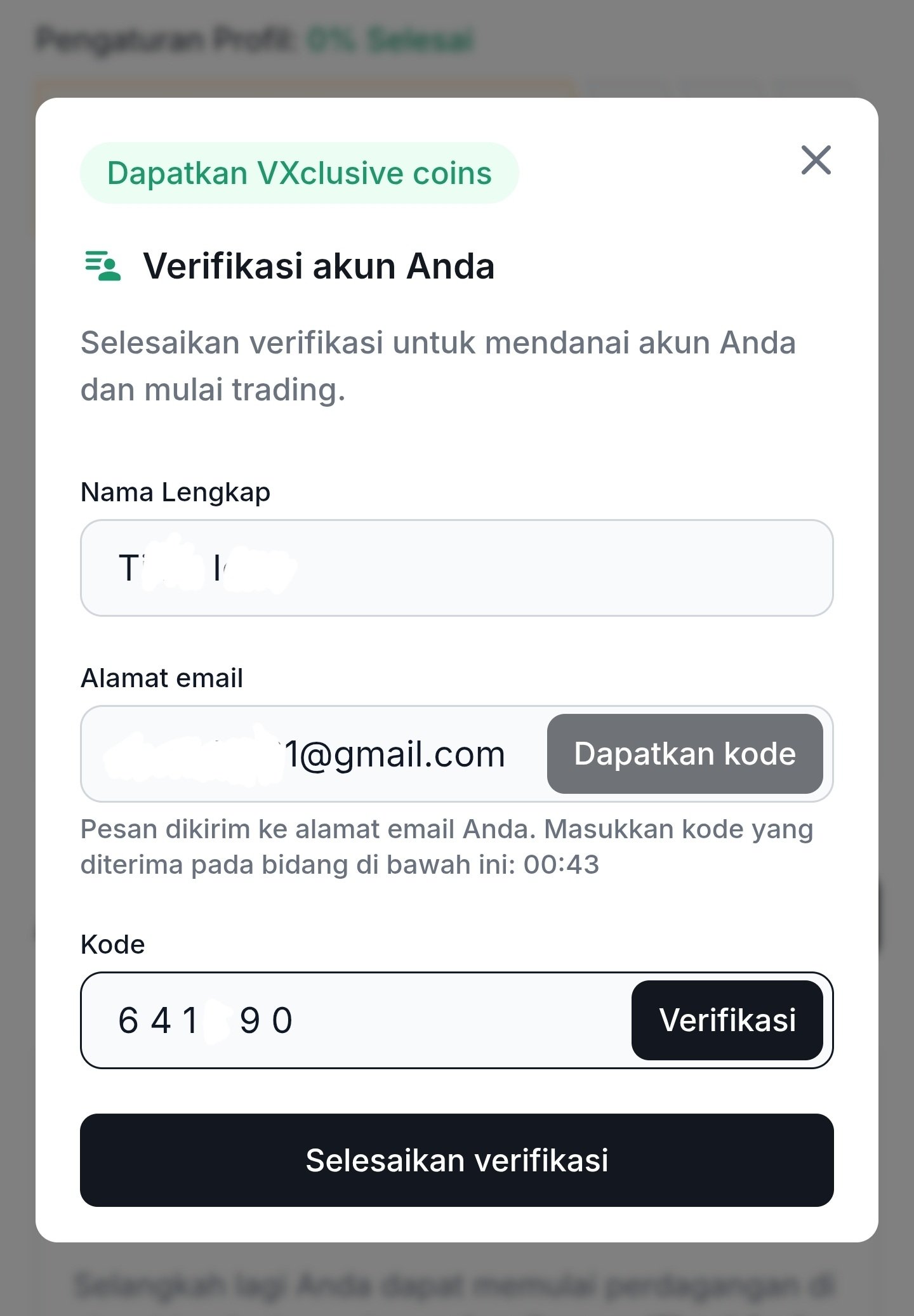 Kolom kode verifikasi dan tombol Verifikasi pada akun Valetax