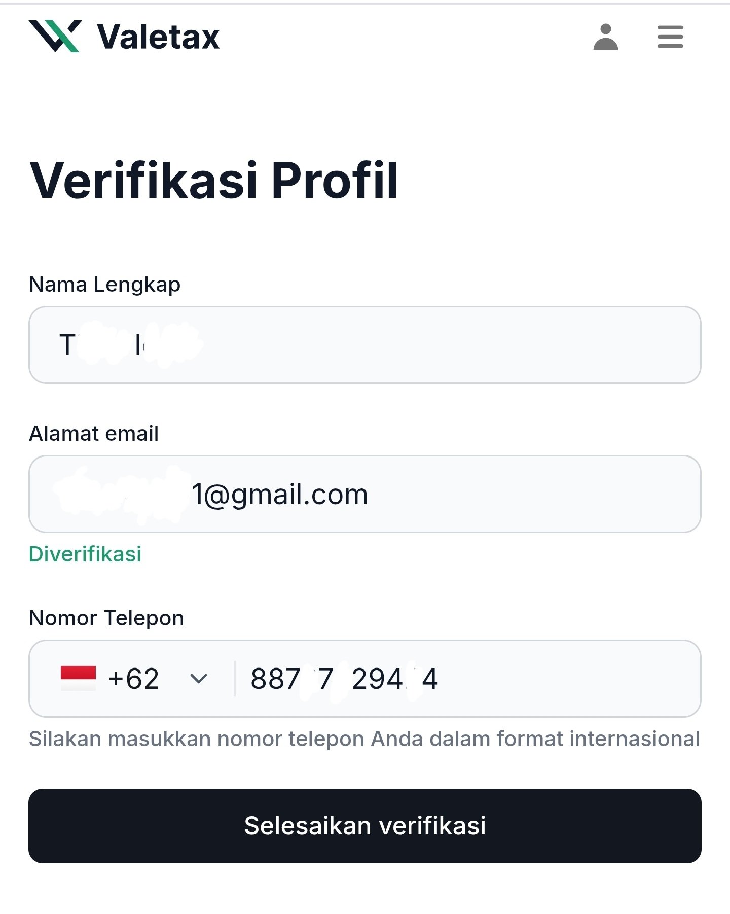 Status email Diverifikasi pada halaman akun Valetax