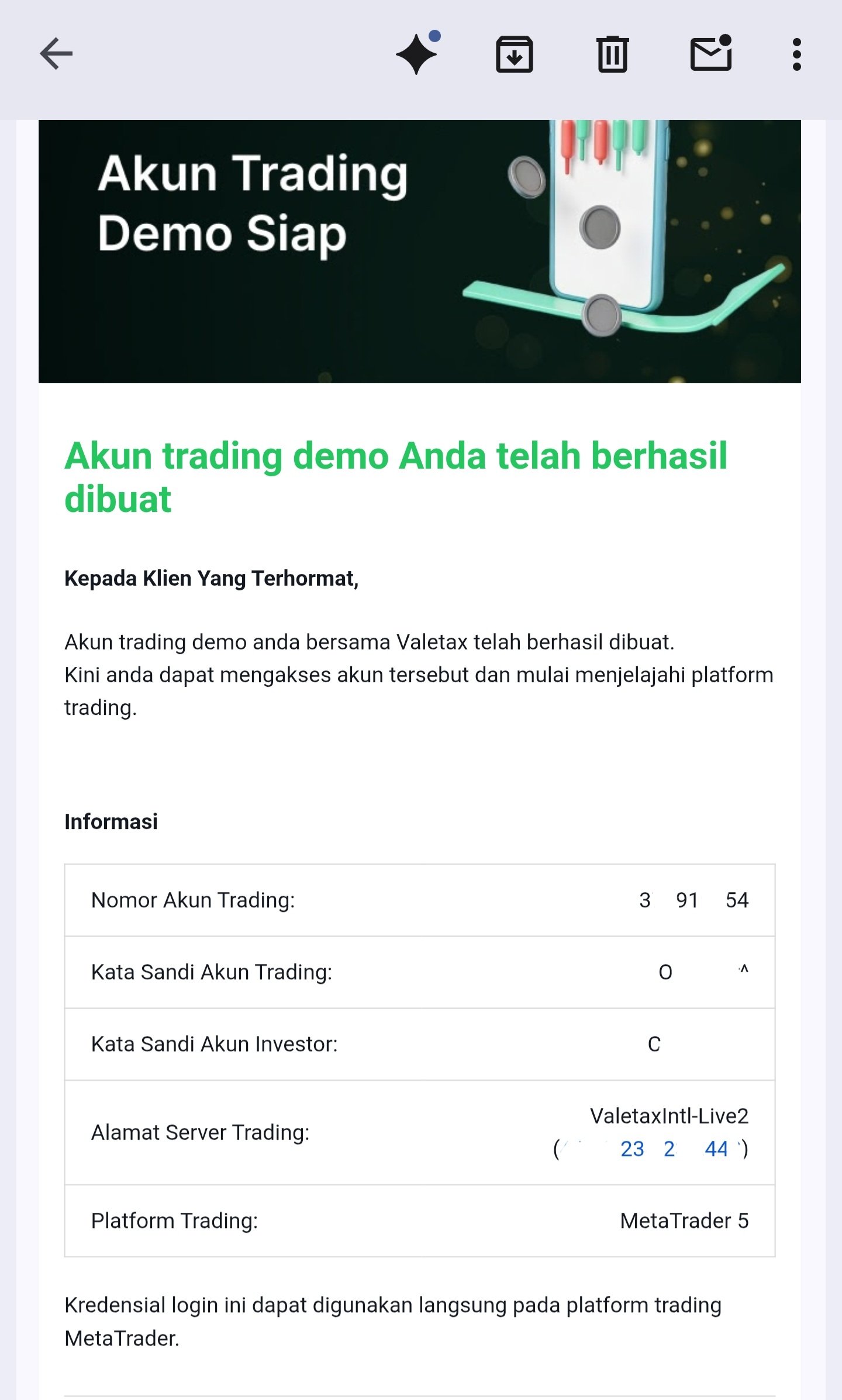 Email Valetax berisi informasi akun demo untuk login ke MT5, termasuk nomor akun, kata sandi, dan server trading.