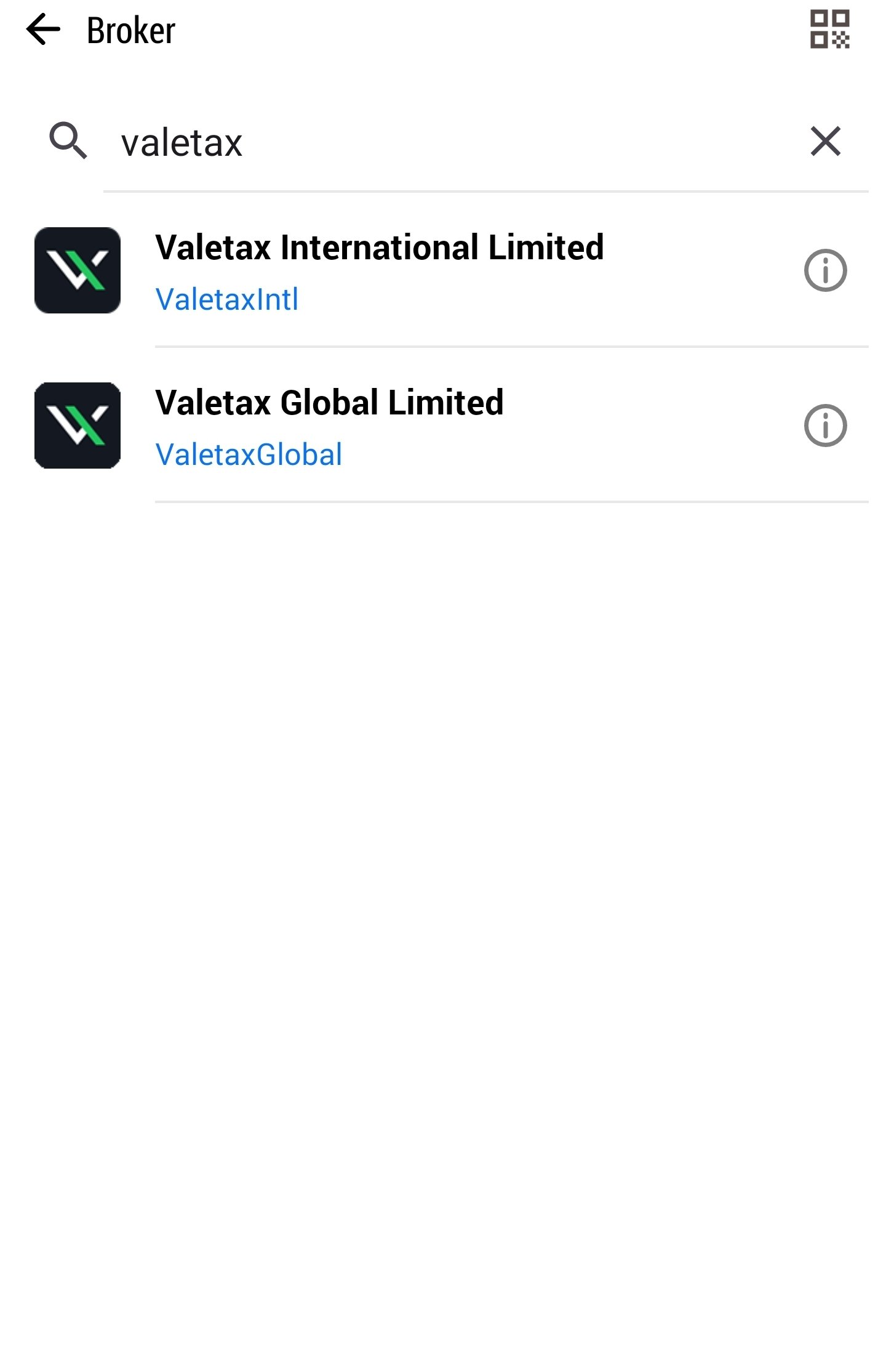 pencarian broker Valetax di aplikasi MT5 HP.