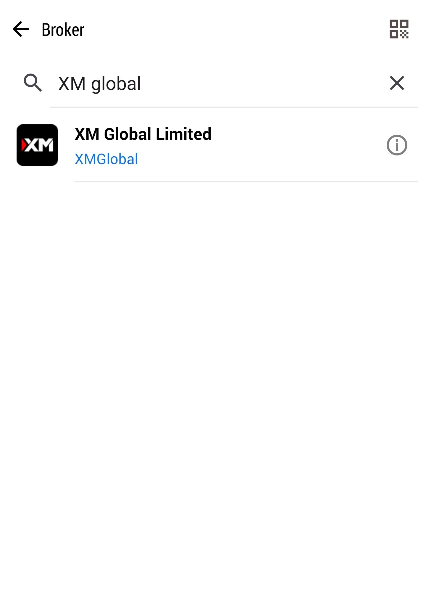 Hasil pencarian broker XM di halaman tambah akun MT5 HP.